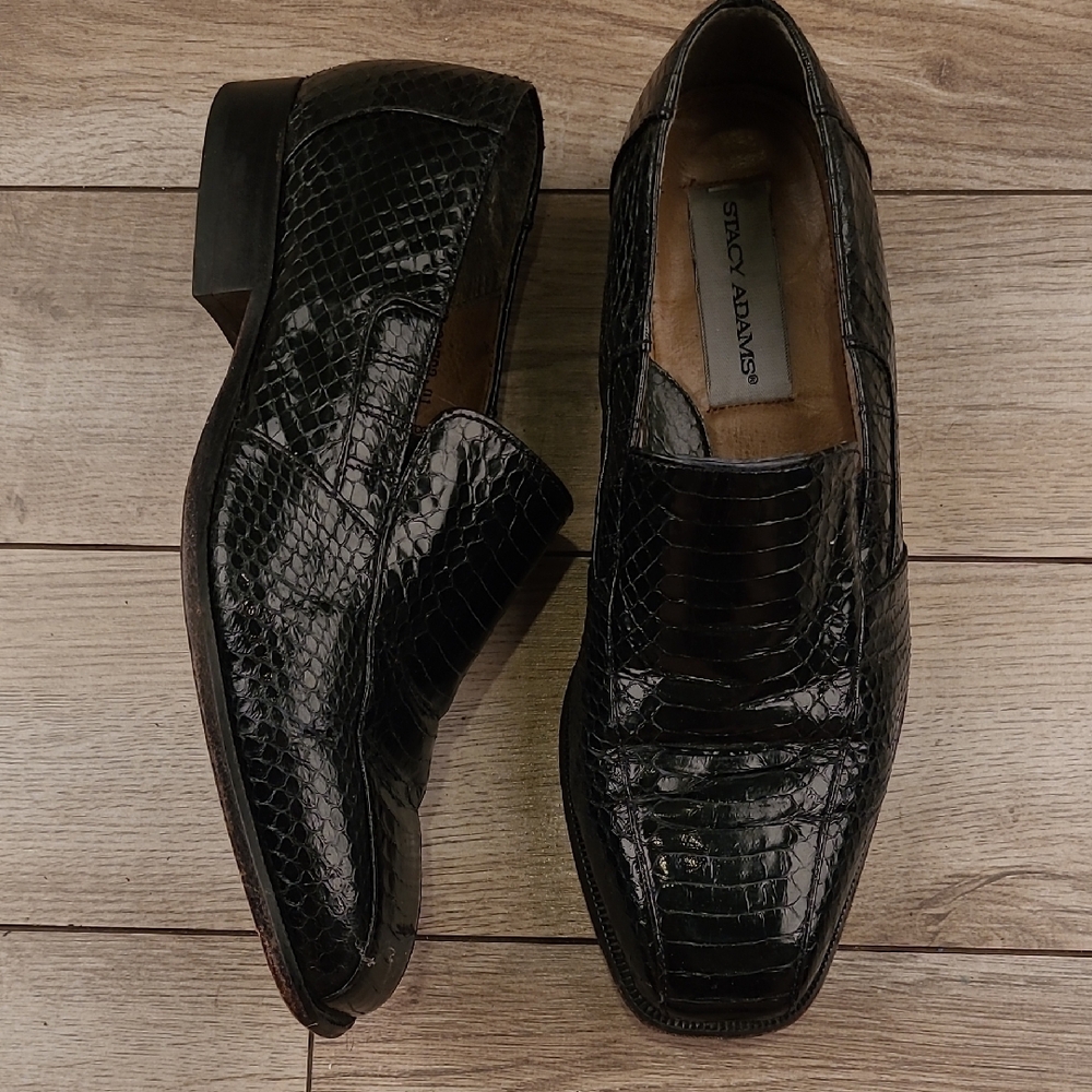 STACY ADAMS Black‎ Genuine Snake Leather Sz 8 M Mens Slip On Dress Shoes Loafers